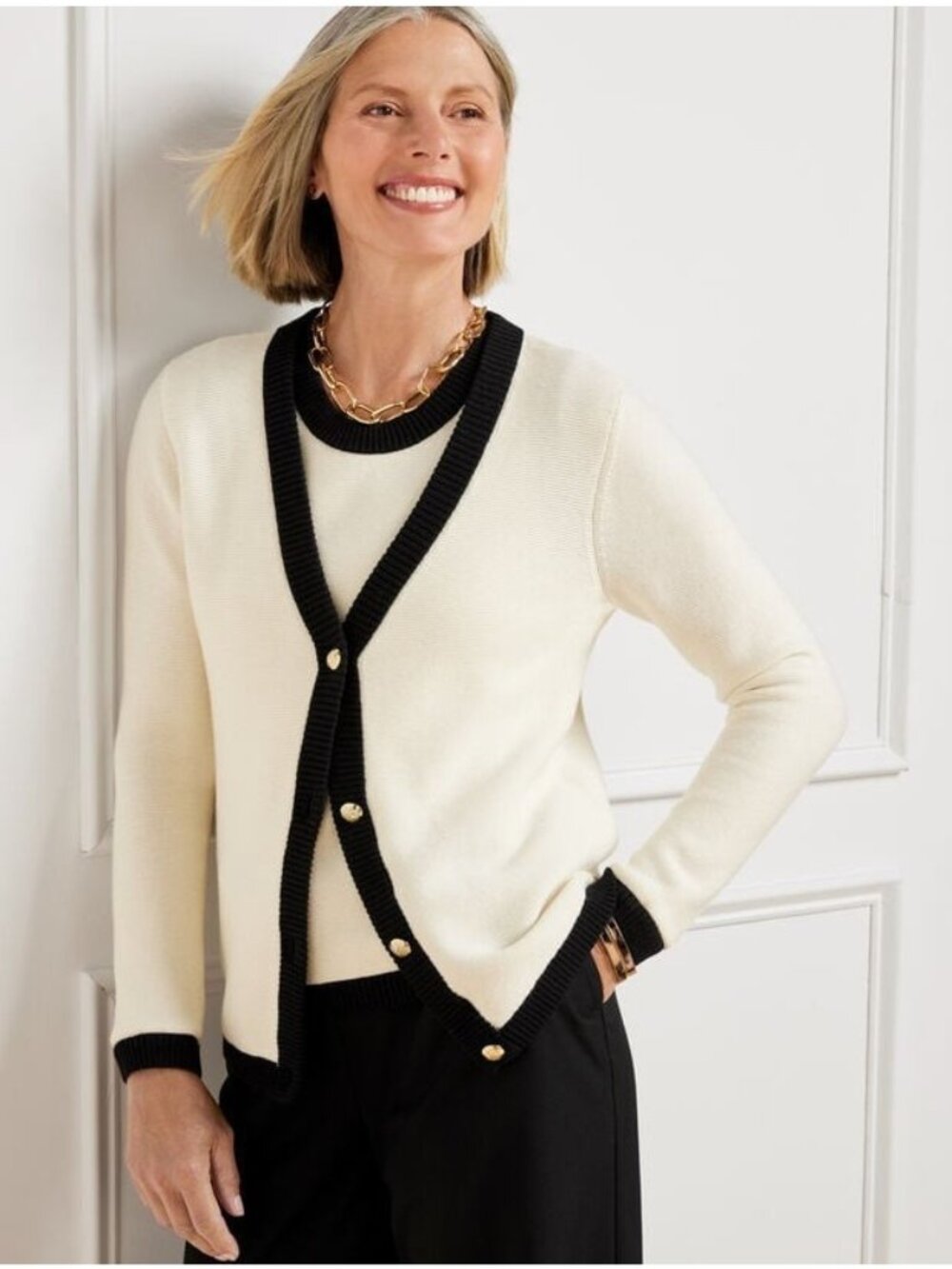 Talbots Womens Ivory White Black Trim Gold Button Cardigan Sweater Size Medium